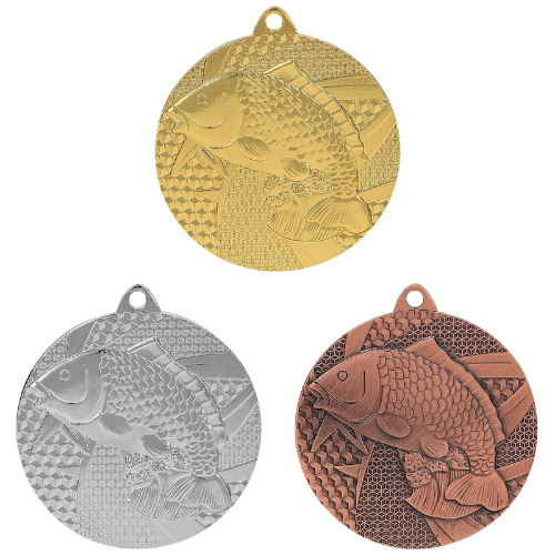 Medale wędkarstwo złoty srebrny brązowy MMC7950 – okrągłe medale śr. 5 cm z motywem ryby. Wykonane z metalu, grubość 2 mm. Idealna nagroda na zawody wędkarskie, ligę szkolną i turnieje klubowe.
