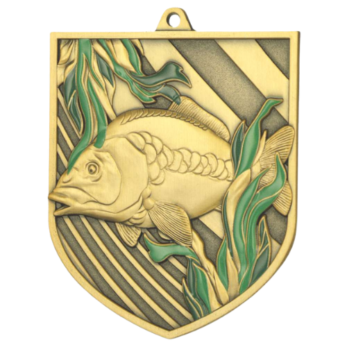 Złoty medal odlewany wędkarstwo karp MD8053/G – odlewany medal w kształcie tarczy 80x65 mm z motywem karpia. Wykonany z metalu z kolorowymi emaliami. Idealna nagroda na zawody wędkarskie i turnieje klubowe.
