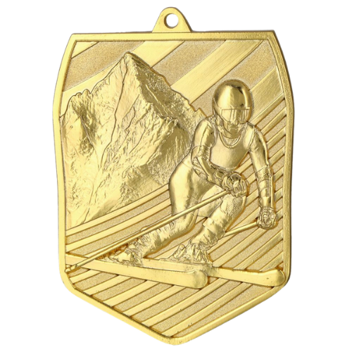 Złoty medal odlewany zjazd narciarski MD8055/G – odlewany medal w kształcie wielokąta 78x61 mm z motywem narciarza na tle gór. Wykonany z metalu. Idealna nagroda na zawody narciarskie i turnieje zimowe.