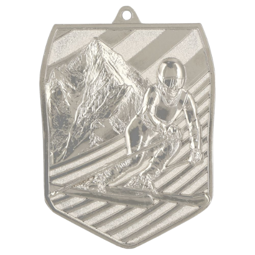 Srebrny medal odlewany zjazd narciarski MD8055/S – odlewany medal w kształcie wielokąta 78x61 mm z motywem narciarza na tle gór. Wykonany z metalu. Idealna nagroda na zawody narciarskie i turnieje zimowe.