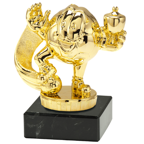 Statuetka piłkarska dla dzieci ST.906.01.A – złota, wesoła statuetka uśmiechniętej piłki nożnej, na czarnej podstawie marmurowej. Wysokość 100 mm. Idealna nagroda na dziecięce turnieje piłkarskie.