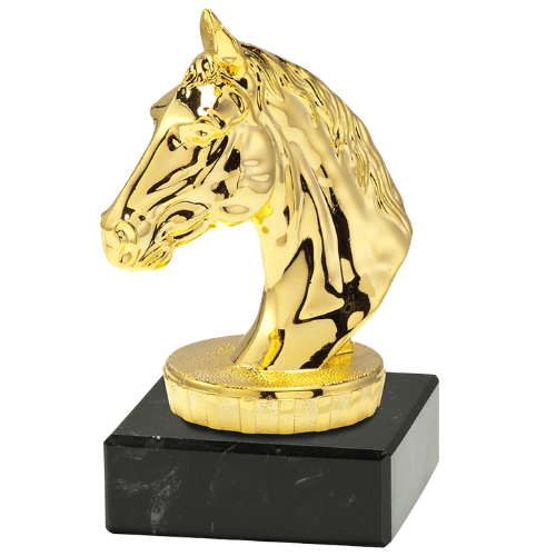 Statuetka jeździecka ST.907.01.A – złota statuetka z figurą konia, na czarnej podstawie marmurowej. Wysokość 100 mm. Idealna nagroda na zawody jeździeckie i hippiczne.