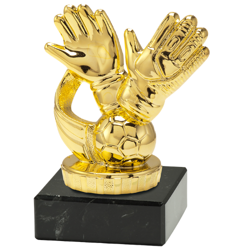 Statuetka bramkarska ST.913.01.A – złota statuetka z rękawicami bramkarskimi i piłką, na czarnej podstawie marmurowej. Wysokość 100 mm. Idealna nagroda dla bramkarza na turnieje piłkarskie.