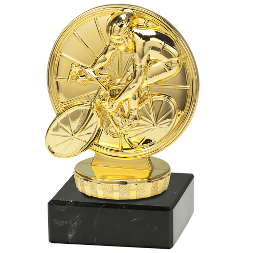 Statuetka kolarstwo ST.930.01.A – złota statuetka z kolarzem na rowerze, na czarnej podstawie marmurowej. Wysokość 100 mm. Idealna nagroda na wyścigi kolarskie i zawody rowerowe.
