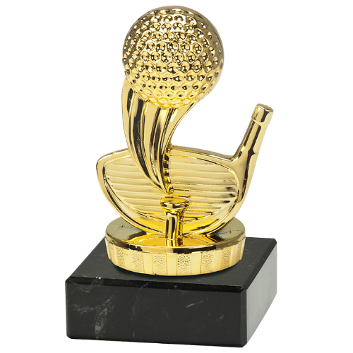 Statuetka golf ST.932.01.A – złota statuetka z piłką i kijem golfowym, na czarnej podstawie marmurowej. Wysokość 100 mm. Idealna nagroda na turnieje golfowe i zawody sportowe.