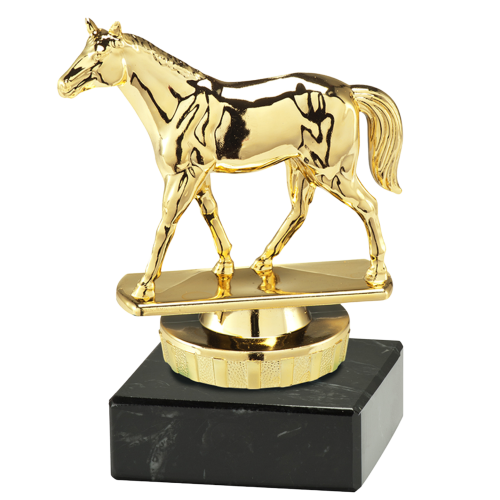 Statuetka jeździectwo ST.946.01.A – złota statuetka z figurą konia, na czarnej podstawie marmurowej. Wysokość 100 mm. Idealna nagroda na zawody jeździeckie i hippiczne.
