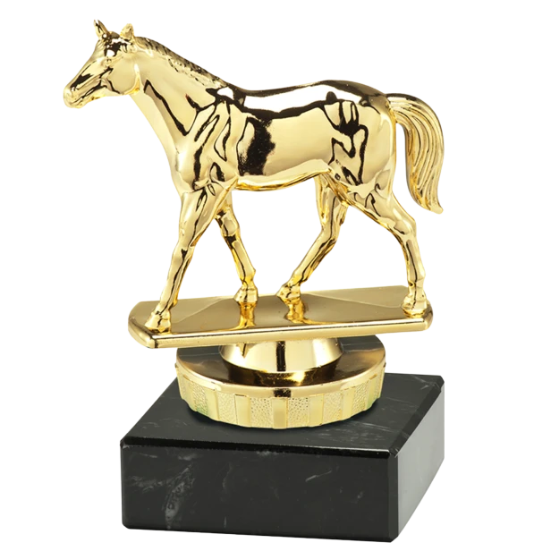 Statuetka jeździectwo ST.946.01.A – złota statuetka z figurą konia, na czarnej podstawie marmurowej. Wysokość 100 mm. Idealna nagroda na zawody jeździeckie i hippiczne.