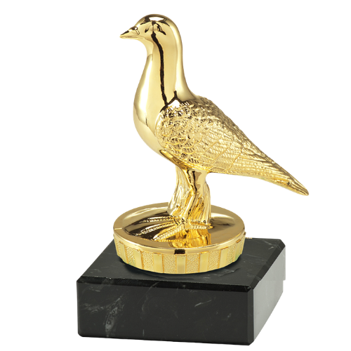 Statuetka gołąb ST.947.01.A – złota statuetka z figurą gołębia, na czarnej podstawie marmurowej. Wysokość 100 mm. Idealna nagroda na wystawy i loty gołębi pocztowych.