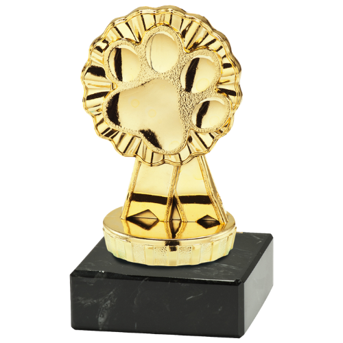 Statuetka pies ST.948.01.A – złota statuetka z psią łapą, na czarnej podstawie marmurowej. Wysokość 100 mm. Idealna nagroda na wystawy psów i zawody kynologiczne.