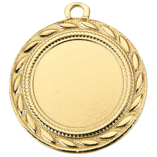 Medal złoty D109.01 – metalowy medal śr. 40 mm z laurowym wykończeniem. Miejsce na emblemat śr. 25 mm z przodu oraz pole na grawer śr. 33 mm z tyłu. Idealny na pierwsze miejsce, zawody sportowe i turnieje.