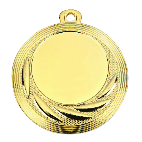 TRiSPORT (23).pngaMedal złoty ME.065.01.A – metalowy medal śr. 40 mm ze zdobnym, falistym wykończeniem. Miejsce na emblemat śr. 25 mm z przodu oraz pole na grawer z tyłu. Idealny na pierwsze miejsce, zawody sportowe i turnieje.