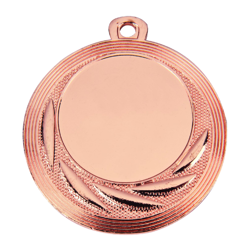 Medal brązowy ME.065.03.A – metalowy medal śr. 40 mm ze zdobnym, falistym wykończeniem. Miejsce na emblemat śr. 25 mm z przodu oraz pole na grawer z tyłu. Idealny na trzecie miejsce, zawody sportowe i turnieje.