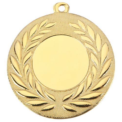 Medal złoty D111.01 – metalowy medal śr. 50 mm z bogatym laurowym wieńcem. Miejsce na emblemat śr. 25 mm z przodu oraz pole na grawer śr. 46 mm z tyłu. Idealny na pierwsze miejsce, zawody sportowe i turnieje.
