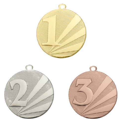 Medal D112 – metalowy medal śr. 50 mm z wytłoczoną cyfrą miejsca i promienistym tłem. Pole na grawer śr. 46 mm z tyłu. Dostępny w trzech wersjach: złotej (1. miejsce), srebrnej (2. miejsce) i brązowej (3. miejsce). Idealny na zawody sportowe i turnieje.