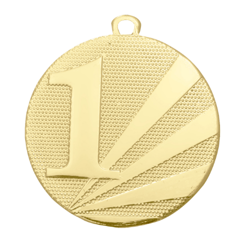 Medal złoty D112E.01 – metalowy medal śr. 50 mm z wytłoczoną cyfrą „1" i promienistym tłem. Pole na grawer śr. 46 mm z tyłu. Idealny na pierwsze miejsce w zawodach sportowych i turniejach.