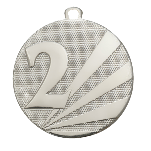 Medal srebrny D112F.02 – metalowy medal śr. 50 mm z wytłoczoną cyfrą „2" i promienistym tłem. Pole na grawer śr. 46 mm z tyłu. Idealny na drugie miejsce w zawodach sportowych i turniejach.