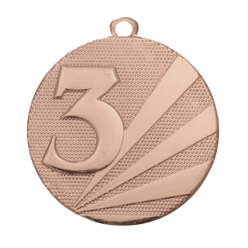 Medal brązowy D112G.03 – metalowy medal śr. 50 mm z wytłoczoną cyfrą „3" i promienistym tłem. Pole na grawer śr. 46 mm z tyłu. Idealny na trzecie miejsce w zawodach sportowych i turniejach.