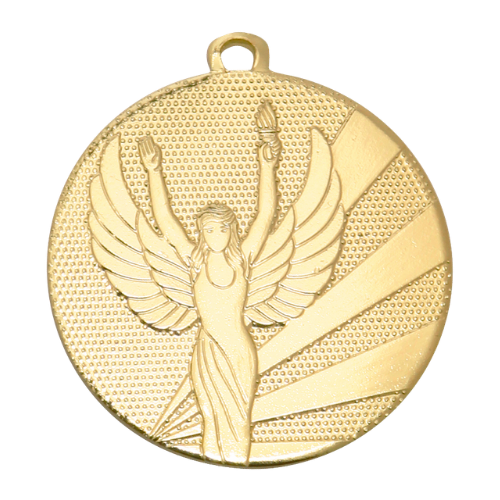 Medal złoty Wiktoria D112J.01 – metalowy medal śr. 50 mm z wytłoczoną postacią uskrzydlonej bogini zwycięstwa. Pole na grawer śr. 46 mm z tyłu. Idealny na pierwsze miejsce, zawody sportowe i turnieje.