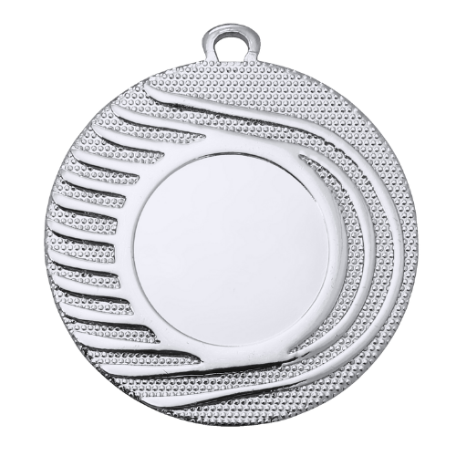 Medal srebrny DI5001.02 – metalowy medal śr. 50 mm z promienistym, falistym wykończeniem. Miejsce na emblemat śr. 25 mm z przodu oraz pole na grawer śr. 46 mm z tyłu. Idealny na drugie miejsce, zawody sportowe i turnieje.