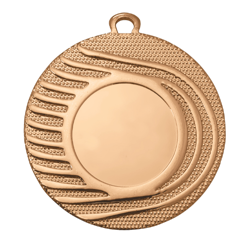 Medal brązowy DI5001.03 – metalowy medal śr. 50 mm z promienistym, falistym wykończeniem. Miejsce na emblemat śr. 25 mm z przodu oraz pole na grawer śr. 46 mm z tyłu. Idealny na trzecie miejsce, zawody sportowe i turnieje.