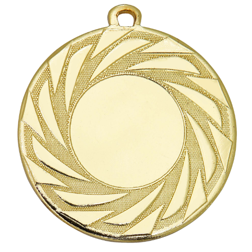 Medal złoty DI5008.01 – pogrubiony, metalowy medal śr. 50 mm (grubość 3 mm) z wirowym wzorem. Miejsce na emblemat śr. 25 mm z przodu oraz pole na grawer śr. 46 mm z tyłu. Idealny na pierwsze miejsce, zawody sportowe i turnieje.