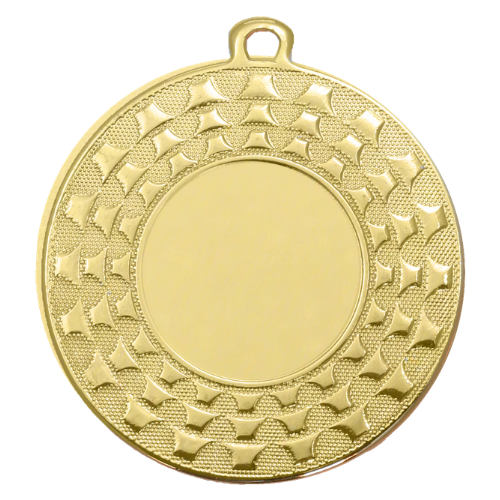 Medal złoty ME.107.01.C – metalowy medal śr. 50 mm z fakturowanym, gwiaździstym rantem. Miejsce na emblemat śr. 25 mm z przodu oraz pole na grawer śr. 46 mm z tyłu. Idealny na pierwsze miejsce, zawody sportowe i turnieje.