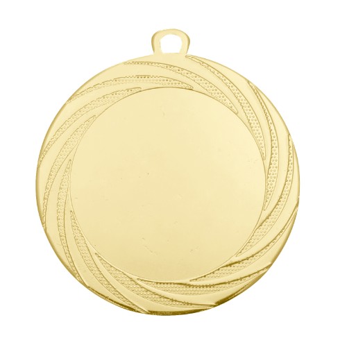 Medal złoty DI7001.01 – efektowny okrągły medal ze spiralnym wzorem na obrzeżu, wykonany z metalu. Miejsce na emblemat z przodu oraz pole na grawer z tyłu. Idealny na pierwsze miejsce, zawody sportowe i uroczystości.