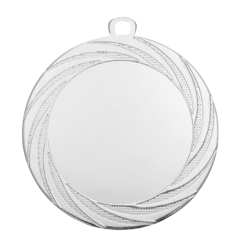 Medal srebrny DI7001.02 – efektowny okrągły medal ze spiralnym wzorem na obrzeżu, wykonany z metalu. Miejsce na emblemat z przodu oraz pole na grawer z tyłu. Idealny na drugie miejsce, zawody sportowe i uroczystości.