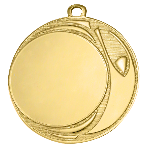 Medal złoty DI7006.01 – nowoczesny okrągły medal z dynamicznym przeplatanym wzorem, wykonany z metalu. Miejsce na emblemat z przodu oraz pole na grawer z tyłu. Idealny na pierwsze miejsce, zawody sportowe i uroczystości.