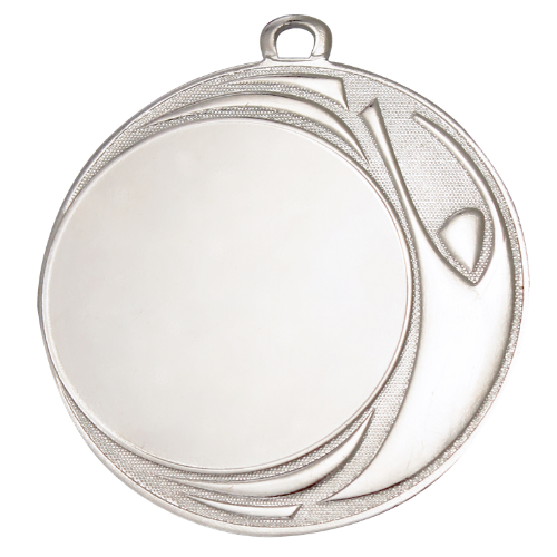 Medal srebrny DI7006.02 – nowoczesny okrągły medal z dynamicznym przeplatanym wzorem, wykonany z metalu. Miejsce na emblemat z przodu oraz pole na grawer z tyłu. Idealny na drugie miejsce, zawody sportowe i uroczystości.