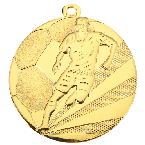 Medal złoty D112A.01 – tematyczny medal piłkarski z reliefem piłkarza i piłki, wykonany z metalu. Pole na grawer z tyłu. Idealny na pierwsze miejsce, turnieje piłki nożnej i zawody sportowe.