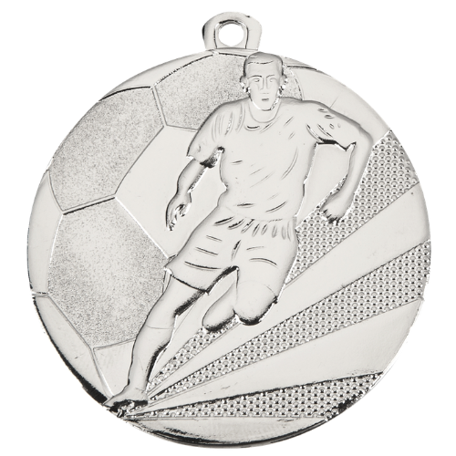 Medal srebrny D112A.02 – tematyczny medal piłkarski z reliefem piłkarza i piłki, wykonany z metalu. Pole na grawer z tyłu. Idealny na drugie miejsce, turnieje piłki nożnej i zawody sportowe.