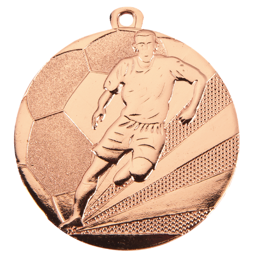 Medal brązowy D112A.03 – tematyczny medal piłkarski z reliefem piłkarza i piłki, wykonany z metalu. Pole na grawer z tyłu. Idealny na trzecie miejsce, turnieje piłki nożnej i zawody sportowe.