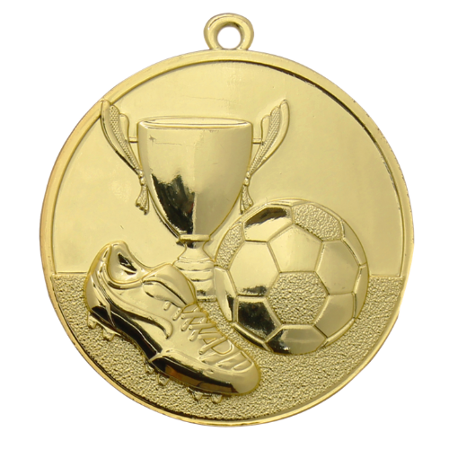 Medal złoty ME.047.01.C – medal piłkarski z reliefem pucharu, piłki i buta, wykonany z zamaku. Idealny na pierwsze miejsce, turnieje piłki nożnej i zawody sportowe.