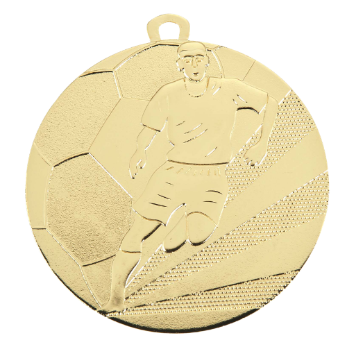 Medal złoty D118A.01 – medal piłkarski z reliefem zawodnika z piłką, wykonany z metalu. Pole na grawer z tyłu. Idealny na pierwsze miejsce, turnieje piłki nożnej i zawody sportowe.