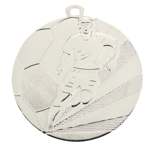 Medal srebrny D118A.02 – medal piłkarski z reliefem zawodnika z piłką, wykonany z metalu. Pole na grawer z tyłu. Idealny na drugie miejsce, turnieje piłki nożnej i zawody sportowe.