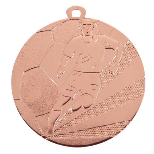 Medal brązowy D118A.03 – medal piłkarski z reliefem zawodnika z piłką, wykonany z metalu. Pole na grawer z tyłu. Idealny na trzecie miejsce, turnieje piłki nożnej i zawody sportowe.