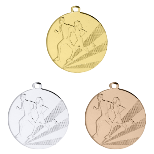 Medal D112B – medal biegowy z wizerunkiem biegaczy, wykonany z metalu. Pole na grawer z tyłu. Dostępny w wersji złotej, srebrnej i brązowej. Idealny na biegi, zawody lekkoatletyczne i uroczystości sportowe.