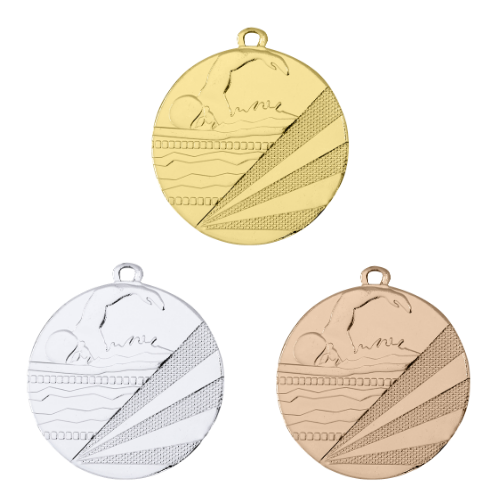 Medal D112C – medal pływacki z wizerunkiem pływaka, wykonany z metalu. Pole na grawer z tyłu. Dostępny w wersji złotej, srebrnej i brązowej. Idealny na zawody pływackie i uroczystości sportowe.
