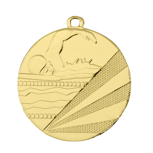 Medal złoty D112C.01 – medal pływacki z wizerunkiem pływaka, wykonany z metalu. Pole na grawer z tyłu. Idealny na pierwsze miejsce i zawody pływackie.