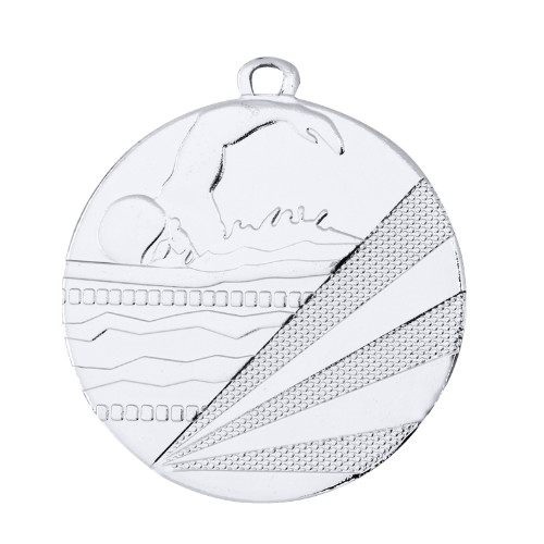 Medal srebrny D112C.02 – medal pływacki z wizerunkiem pływaka, wykonany z metalu. Pole na grawer z tyłu. Idealny na drugie miejsce i zawody pływackie.