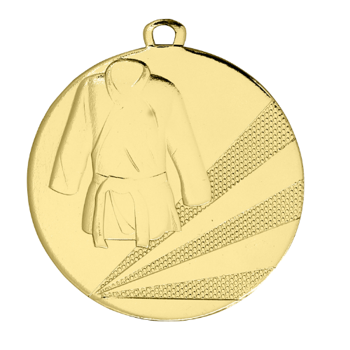 Medal złoty D112D.01 – medal sztuk walki z wizerunkiem kimona, wykonany z metalu. Pole na grawer z tyłu. Idealny na pierwsze miejsce, zawody judo, karate i sztuki walki.