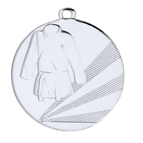 Medal srebrny D112D.02 – medal sztuk walki z wizerunkiem kimona, wykonany z metalu. Pole na grawer z tyłu. Idealny na drugie miejsce, zawody judo, karate i sztuki walki.