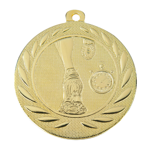Medal złoty DI5000.G.01 – medal biegowy z wizerunkiem pucharu i stopera w wieńcu laurowym, wykonany z metalu. Pole na grawer z tyłu. Idealny na pierwsze miejsce, biegi i zawody lekkoatletyczne.