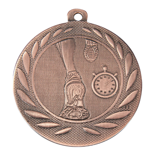 Medal brązowy DI5000.G.03 – medal biegowy z wizerunkiem pucharu i stopera w wieńcu laurowym, wykonany z metalu. Pole na grawer z tyłu. Idealny na trzecie miejsce, biegi i zawody lekkoatletyczne.