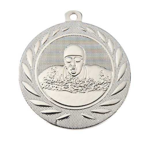 Medal srebrny DI5000.H.02 – medal pływacki z wizerunkiem pływaka w wieńcu laurowym, wykonany z metalu. Pole na grawer z tyłu. Idealny na drugie miejsce i zawody pływackie.