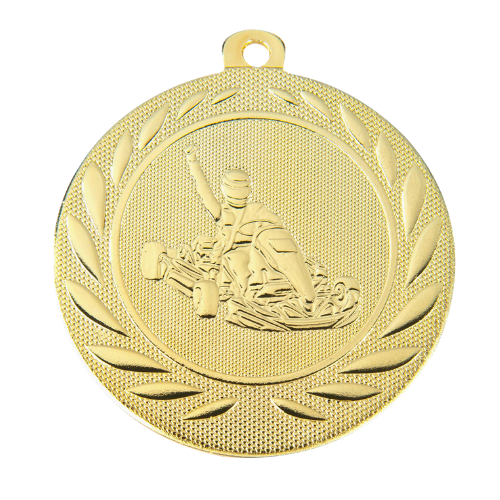 Medal złoty DI5000.J.01 – medal kartingowy z wizerunkiem gokarta w wieńcu laurowym, wykonany z metalu. Pole na grawer z tyłu. Idealny na pierwsze miejsce i zawody kartingowe.