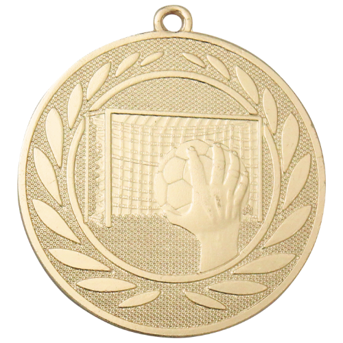 Medal złoty DI5000.ZC.01 – medal z motywem piłki ręcznej: dłoń z piłką i bramka w wieńcu laurowym, wykonany z metalu. Pole na grawer z tyłu. Idealny na pierwsze miejsce w zawodach piłki ręcznej.