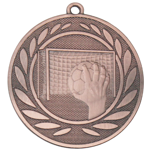 Medal brązowy DI5000.ZC.03 – medal z motywem piłki ręcznej: dłoń z piłką i bramka w wieńcu laurowym, wykonany z metalu. Pole na grawer z tyłu. Idealny na trzecie miejsce w zawodach piłki ręcznej.