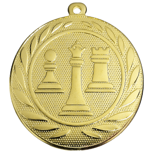 Medal złoty DI5000.ZD.01 – medal z motywem szachów: figury szachowe w wieńcu laurowym, wykonany z metalu. Pole na grawer z tyłu. Idealny na pierwsze miejsce w turnieju szachowym.